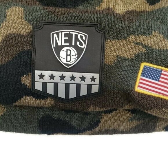 NBA Brooklyn Nets Pom Beanie Winter Hat Cap Green Camo Adult One Size - Picture 2 of 3
